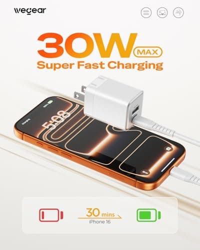 wegear 30W USB C Fast Charger, Dual Port USB C Wall Charger with Foldable Plug for iPhone 17/16/15, Samsung S24, iPad, 40% Smaller & Safer Nano Charger Block, (White, 2 Pack) - Thumbnail 2