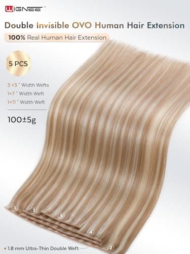 WIGNEE Butterfly Human Hair Extensions Strawberry Highlight Blonde Hair Extensions Real Human Hair 18 Inch Genius Double Weft Human Hair Extensions Glueless and Seamless for Thin hair(18/60A) - Thumbnail 3
