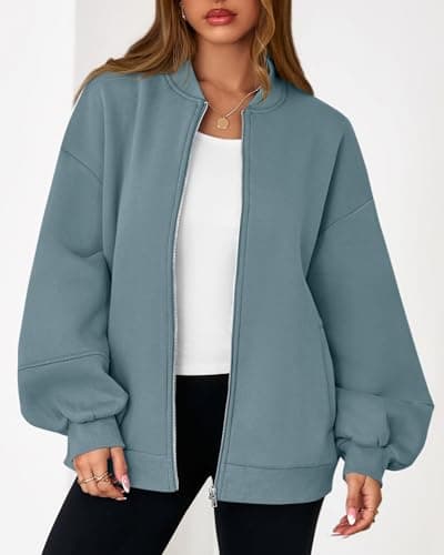KIRUNDO Oversized Sweatshirt for Women Zip Up Bomber Jacket 2026 Fall Fashion Casual Long Sleeve Outerwear Winter Outfits(Grey Blue, Small) - Thumbnail 6