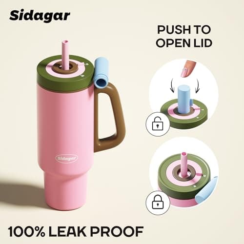 Sidagar Tumbler with Handle,36 oz Ceramic Lined Travel Mug Water Bottle with Straw,Vacuum Insulated Stainless Steel Cup with Lid,Fits Cup Holder, Leak Resistant Press-in Lid,Pink - Thumbnail 3