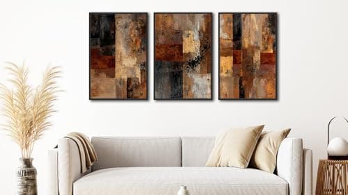 Large Framed Rustic Abstract Wall Art Canvas Prints Set of 3, Neutral Dark Brown Painting Wall Pictures, Retro Industrial Artwork for Living Room Bedroom Office Decor 24"x36"x3 - Thumbnail 2