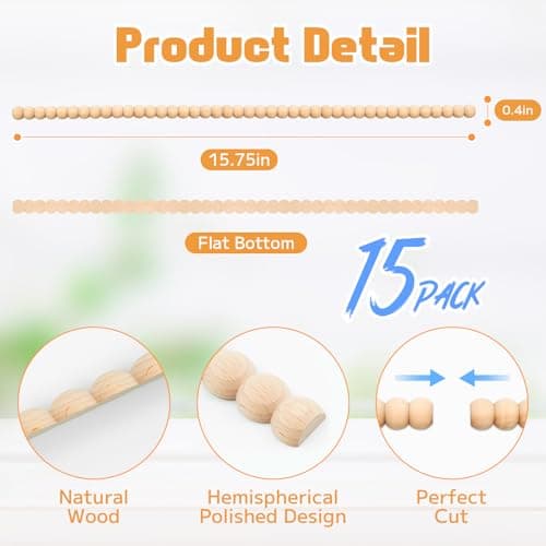 COMTAR Half Bead Wood Decorative Trim Molding 15pcs- 17 Inch Unfinished 3D Decorative DIY Drawer Front Cabinet Trim for Home, Wall, Shelf, Window, Door Decor (11mm) - Thumbnail 2