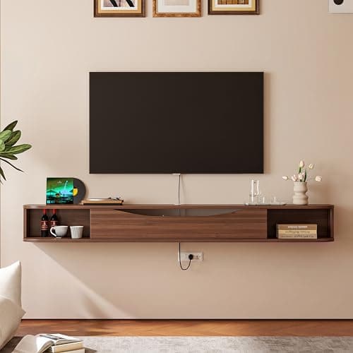 FurniNova Floating TV Stand,70'' Wall Mounted TV Cabinet,Floating TV Console,Under TV Shelf with 1 Door and 2 Cabinets for TVs up to 75''(Walnut) - Thumbnail 2