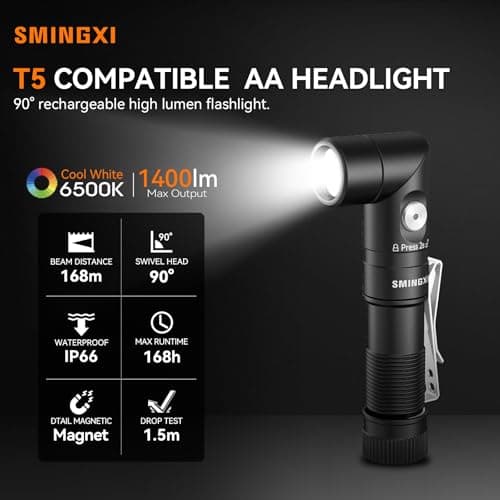 SMINGXI T5 1400 Lumens Rechargeable LED Flashlight, 90 Degree Adjustable Head, EDC Tactical Flashlight,Magnetic AA Pocket Work Light with Red Diffuser & Clip for Camping, Hiking, Emergency - Thumbnail 2