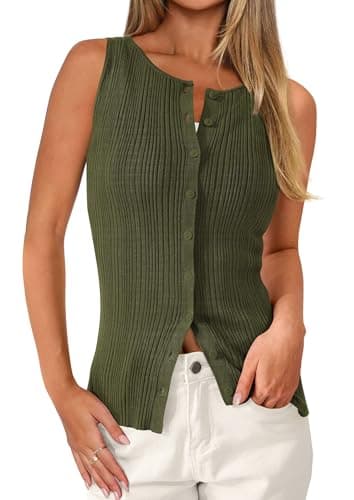 PRETTYGARDEN Sleeveless Button Down Shirts for Women Summer 2026 Going Out Ribbed Knit Tank Tops Y2K Clothes Trendy Vest Tops(Army Green,Small) - Image 1