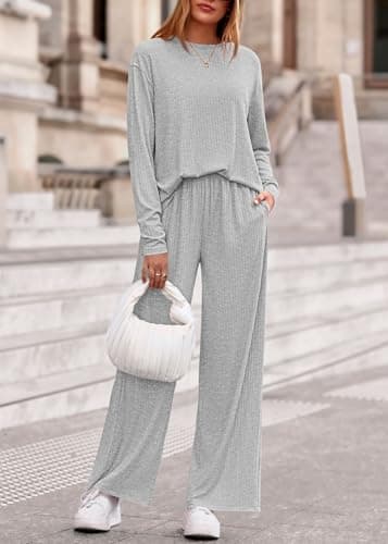 KIRUNDO Spring 2 Piece Lounge Sets for Women Long Sleeve Ribbed Knit Tops Wide Leg Pants Matching Travel Outfits Postpartum(Light Grey, Medium) - Thumbnail 3