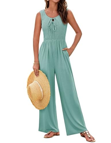 GRACE KARIN One Piece Jumpsuits for Women Tie Front Jumpsuit Ruched Tops for Women Green XL - Image 1