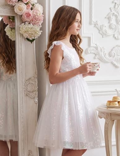 GRACE KARIN Girls Party Sequin Dress Size 8, Kids Birthday Dance Formal Sparkly Dresses, Wedding Flower Girl Dress White - Thumbnail 2