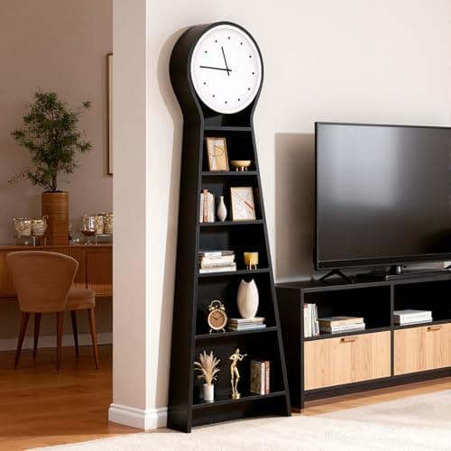 Ryoko Floor Clock Bookshelf, 5-Tier Storage Cabinet with Large Silent Quartz Clock, Grandfather Wood Clock,Simple Modern Nordic Solid Wood Bookcase Display Shelf for Living Room, Bedroom, Home Office - Thumbnail 6