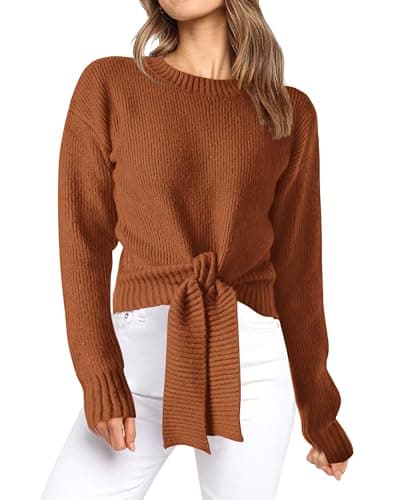 Okiwam Women's Long Sleeve Cropped Sweaters Casual Knit Pullover Tie Front Crew Neck Fall Outfits Spring Fashion Clothes 2026-M Caramel - Image 1