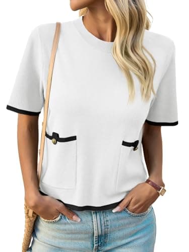 Saodimallsu Womens Short Sleeve Sweater Color Block Crew Neck Summer Crop Tops Loose Casual Knit Shirts with Pockets White - Image 1