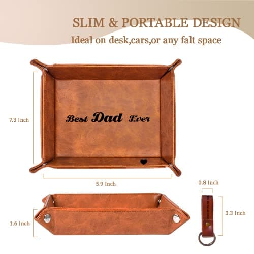 Best Dad Ever Leather Valet Tray & Keychain for Dad Who Wants Nothing, Fathers Day Birthday from Daughter Son Kids, Desk Nightstand Organizer for Keys Wallet Watch Phone - Thumbnail 3