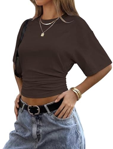 Sampeel Summer Tops for Women 2026 Trendy Crewneck Oversized Tshirts Shirts Loose Fit Plain T Shirts Clothes Fashion Clothing Going Out Crop Tops Chocolate Brown L - Thumbnail 3