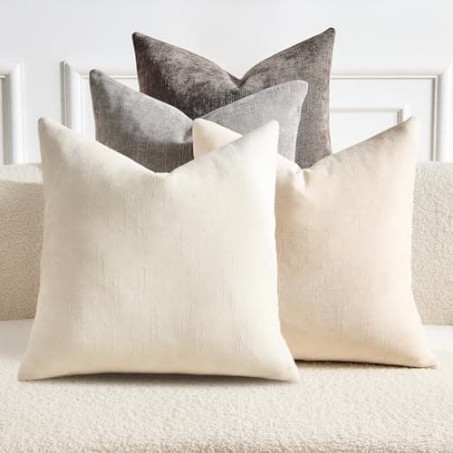GriNeed Pack of 4 Throw Pillow Covers 20x20 Inch Chenille Textured Neutral Grey Soft Pillow Covers Solid Decorative Farmhouse Cushion Covers Home Boho Decor for Couch Sofa Bed Living Room