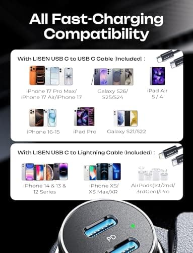LISEN 90W USB C Car Charger Fast Charging for iPhone 17 Car Charger USB C Fast Charge, Type C Car Charger for iPhone 17 Pro Max 16 15 14 13 12 11, for Samsung S26 S25 S24 [Lighning & USB-C] - Thumbnail 6