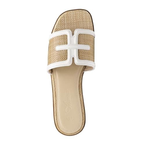 Athlefit Raffia Flat Sandals for Women Comfortable Square Open Toe Slip On Summer Beach Casual Slide Sandals Natural Size 7 - Thumbnail 4