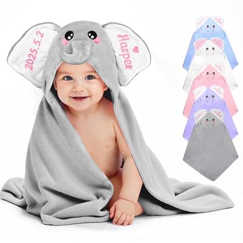 Individz Custom Hooded Bath Towel with Name, Personalized Highly Absorbent Elephant Towels, Baby Bath Towels for Girls Boys, Christmas Brithday for Baby, Toddler, Newborn (Grey) - Image 1