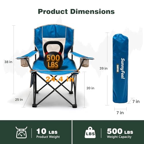 SUNNYFEEL Camping Chairs for Adults, Oversized Camping Chair Heavy Duty 500LBS, Portable Lawn Chair with Cup Holder, Side Pocket&Bag for Outdoor Camping/Beach/Picnic/Fishing, Blue - Thumbnail 3