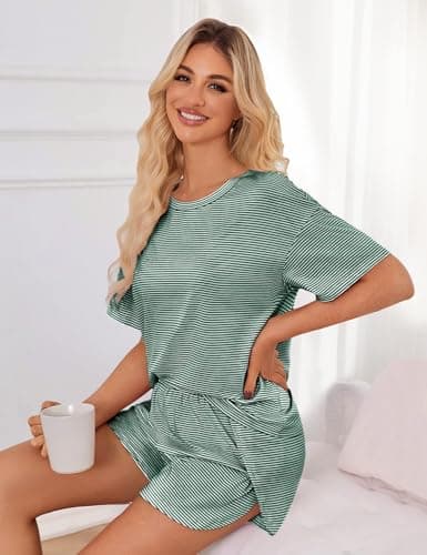 JUSTFASHIONNOW Womens Pajama Sets Shorts Striped Print Two Piece Lounge Sets Crew Neck Sleepwear Soft Pjs Split Shorts Set Summer Cute Pajama Sets for Women Green S - Thumbnail 4