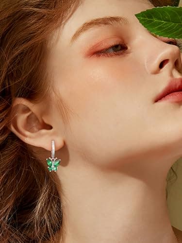 Bestyle Flying Butterfly Earrings for Women - Sterling Silver Green Emerald Earrinmg Emerald Birthtone Animal Butterflies Dangle Earring Crystal Birthday Mothers' Day Jewelry Gifts - Thumbnail 3