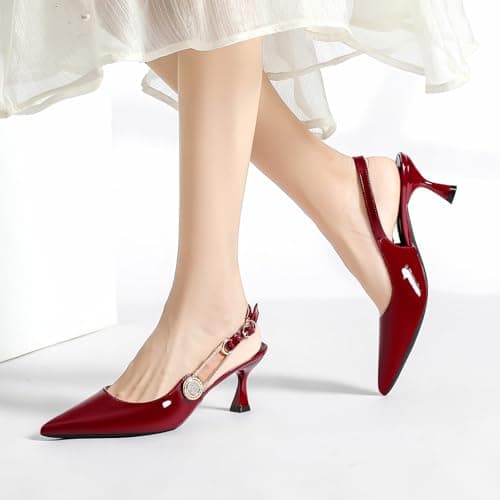 Women's Slingback Kitten Heels Closed Pointy Toe Elegant Dressy Wedding Party Dress Shoes Pumps for Women Red 8.5 - Thumbnail 3