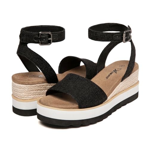 Athlefit Women's Platform Sandals Buckle Ankle Strap Open Toe Espadrille Black Wedge Sandals Size 7.5 - Thumbnail 6