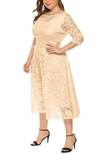 Eternatastic Womens Scooped Neckline Floral lace Top Plus Size Cocktail Party Midi Dress 5XL Beige - Thumbnail 3