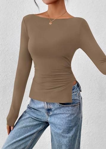KIRUNDO Long Sleeve Going Out Tops for Women 2026 Spring Casual Boat Neck Workout Shirts Fall Fitted Side Slit Basic Tees(Khaki, Small) - Thumbnail 6