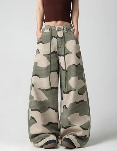 MaxOpen Camo Cargo Pants for Women Mid Waist Wide Leg Camouflage Army Fatigue Jean Y2k Hip Hop Baggy Trouser Streetwear Green - Thumbnail 2