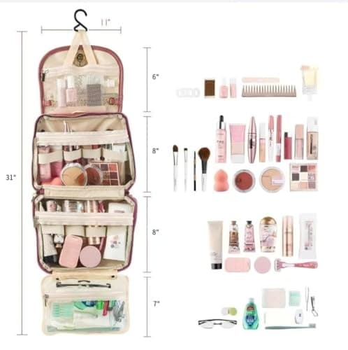 JATHIN Travel Toiletry Bag for Women - Hanging Cosmetic Makeup Organizer with Clear Compartments, Water-Resistant Cosmetic Bag, Perfect for Vacation, and Daily Use (pink) - Thumbnail 5