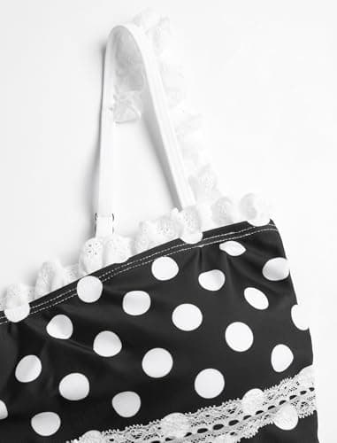 ZAFUL Womens High Waisted Bikini Sets 2 Piece Plaid Ruffle Swimsuits Back Strap Top with High Waisted Shorts Bathing Suit Black Polka Dots XL - Thumbnail 5