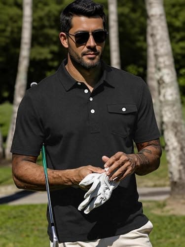 JEMLDL Men Short Sleeve Polo Shirts Stretch Slim Fit Shirt with Pocket Business Casual Summer Work Comfort T-Shirt Black M - Thumbnail 4