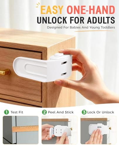 Maveek Baby Safety Drawer Lock - 4 Pcs Upgraded Baby Proofing Locks, One Hand Operation Infant Latches For Corner Drawers, Kitchen Cabinets, No Drill Child Proofing Kit (White) - Thumbnail 6