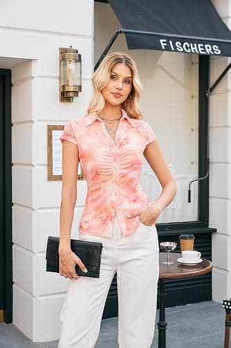 GRACE KARIN Women Mesh Boho Tops Dressy Casual Floral Short Sleeve Button Down Blouse Collared Outfit Pink Orange Medium - Thumbnail 3