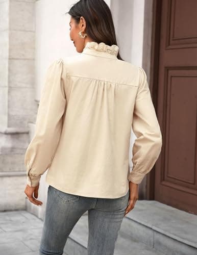 LOOKBOHO Blouses for Women Dressy Casual - Ruffle Lace Neck Button Down Tops Spring Dressy Elegant Solid Retro Shirts for Casual, Office, Work, Everyday Wear Beige X-Large - Thumbnail 3
