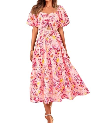 BTFBM Summer Dresses for Women 2026 Spring Outfits Beach Vacation Short Sleeve Smocked Boho Casual Floral Maxi Dress(Floral Pink Red, XX-Large) - Image 1