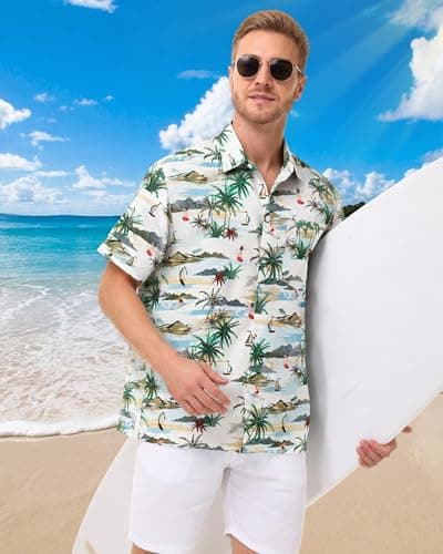 FISHEAL Men's Hawaiian Shirt Short Sleeves, Casual Hawaii Button Down Beach Tropical Shirts for Mens Summer Trip Vacation - Thumbnail 3