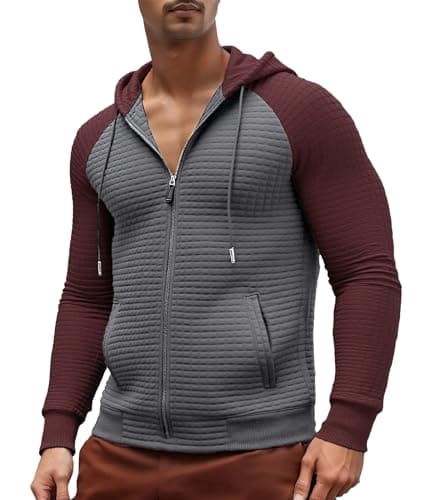 Lightweight Hoodie for Men Full Zip Up Long Sleeve Waffle Knit Casual Drawstring Warm Sweatshirt Jacket with Pocket - Image 1
