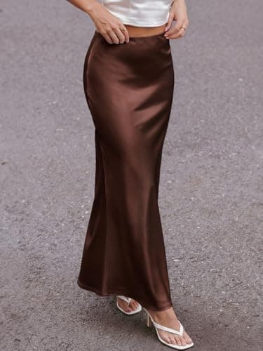 LORJIO Women's Satin Maxi Skirts Dressy Casual 2026 Spring High Waisted Flowy Long Silk A Line Elegant Formal Work Midi Skirts Chocolate Brown L - Thumbnail 3