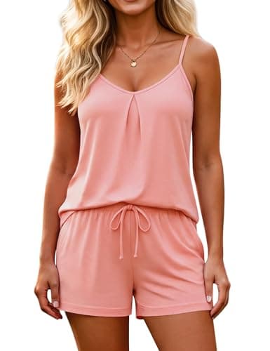 Marvmys Womens Lightweight Soft Pajamas Set Sleeveless Shirts and High Waist Shorts 2Pcs Outfits Pink L - Image 1