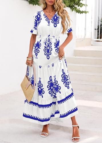 Lazysmile Summer Dresses for Women Short Sleeve V Neck Floral Drawstring Flowy A Line Boho Maxi Dress with Pockets White - Thumbnail 5