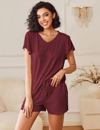 Ekouaer 2 Pack Women's Pajamas Set Soft Ruffle Sleeve Pjs Set Casual V Neck Lounge Set with Pockets,Small,Dark Gray/Deep Red - Thumbnail 2