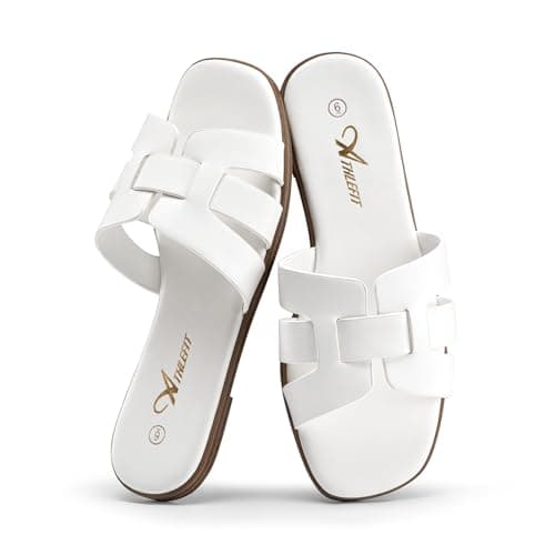 Athlefit Flat Sandals for Women Dressy Summer Square Open Toe White Sandals Comfortable Slip On Leather Slides Size 10 - Image 1