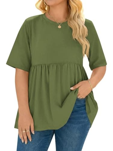 Beautife Womens Plus Size Summer Babydoll Tops Short Sleeve Crew Neck T Shirts Peplum Casual Loose Fit Blouse Army Green