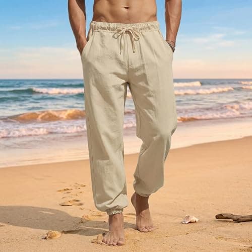 Linen Pants Men Tapered Leg Baggy Pants Men Cotton Yoga Pant Elastic Waist Drawstring Summer Beach Sweatpants Loose Casual Trousers 2026 - Thumbnail 2