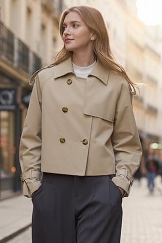Orolay Cropped Trench Jackets for Women Short Trench Coats Double Breasted Casual Loose Fit Spring Jackets - Thumbnail 2
