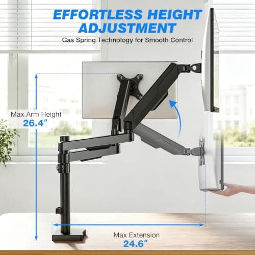 Premium Dual Monitor Desk Mount Stand for 17"-34" Screens, Taller Monitor Stand Hold up to 22lbs, Full Motion Height & Angle Adjustable with Tilt, Swivel, Rotation, VESA 75/100mm - Thumbnail 3