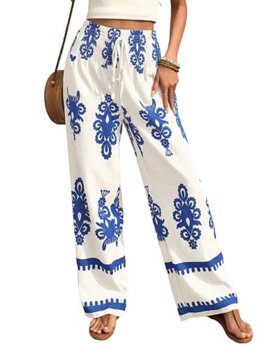 ZAFUL Boho Pants for Women Floral High Waisted Wide Leg Palazzo Pants Summer Trendy Casual Lounge Pants Women Vacation White&Blue XL - Image 1