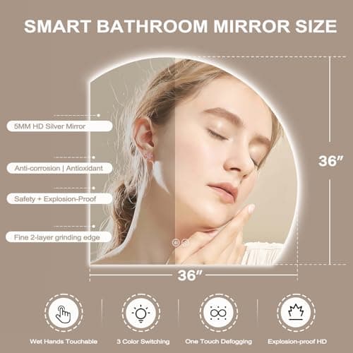 Led Bathroom Mirror with Lights, 36"×36" Smart Backlit Vanity Mirrors with Anti-Fog, Large Irregular Modern Lighted Bathroom Mirror for Wall,Dimmable, 3 Colors Light, Shatterproof - Thumbnail 2