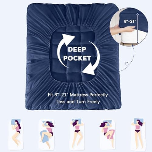 CYMULA Full XL Mattress Topper, Navy Blue Cooling Mattress Pad Cover, Extra Thick Pillow Top Mattress Topper with 8-21 Inch Elasticated Deep Pockets, Plush Down Alternative Fill Mattress Protector - Thumbnail 6